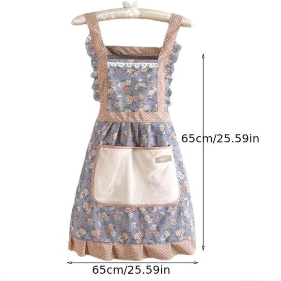 Apron Bib Sweet Vintage Retro Vibe  Pockets Waist Tie Floral Polka Dot Green - Picture 4 of 14